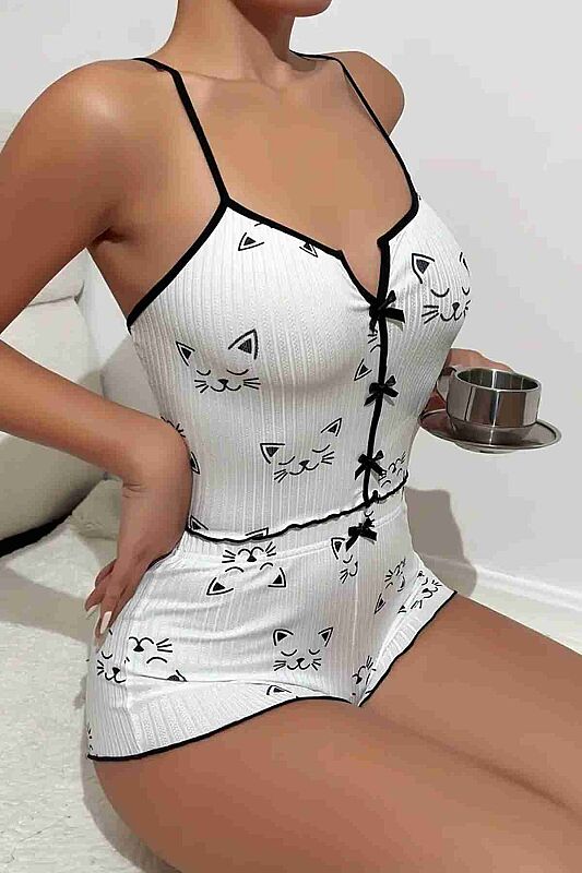Yavru Kedi Baskılı Askılı Şortlu Pijama Takımı - 2