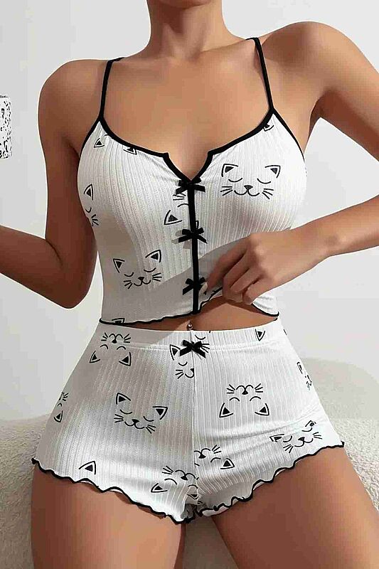 Yavru Kedi Baskılı Askılı Şortlu Pijama Takımı - 5