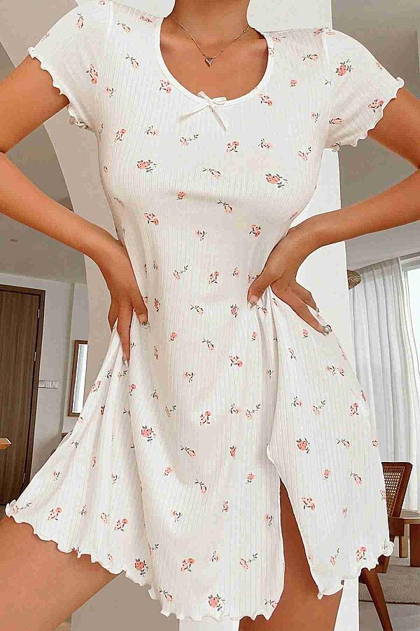 Yırtmaçlı Kısa Kollu Pijama Gecelik Beyaz - 1