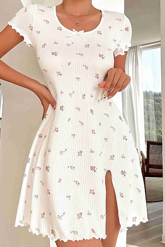 Yırtmaçlı Kısa Kollu Pijama Gecelik Beyaz - 5