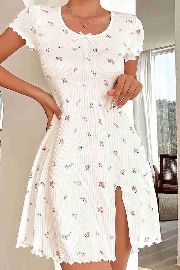 Yırtmaçlı Kısa Kollu Pijama Gecelik Beyaz - 5