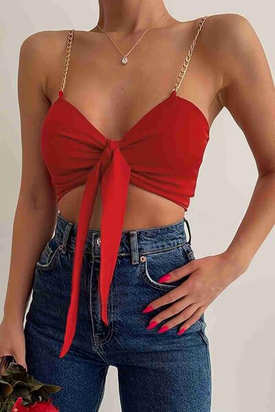 Zincir Askılı Crop Büstiyer T-shirt Kırmızı