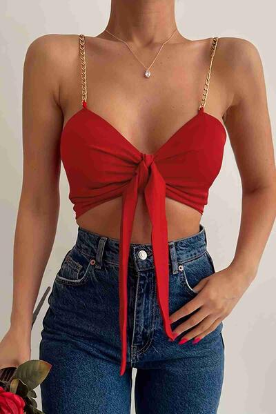 Zincir Askılı Crop Büstiyer T-shirt Kırmızı