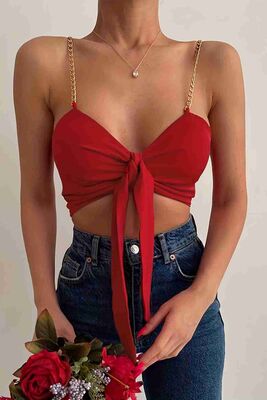 Zincir Askılı Crop Büstiyer T-shirt Kırmızı - Thumbnail