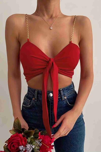 Zincir Askılı Crop Büstiyer T-shirt Kırmızı