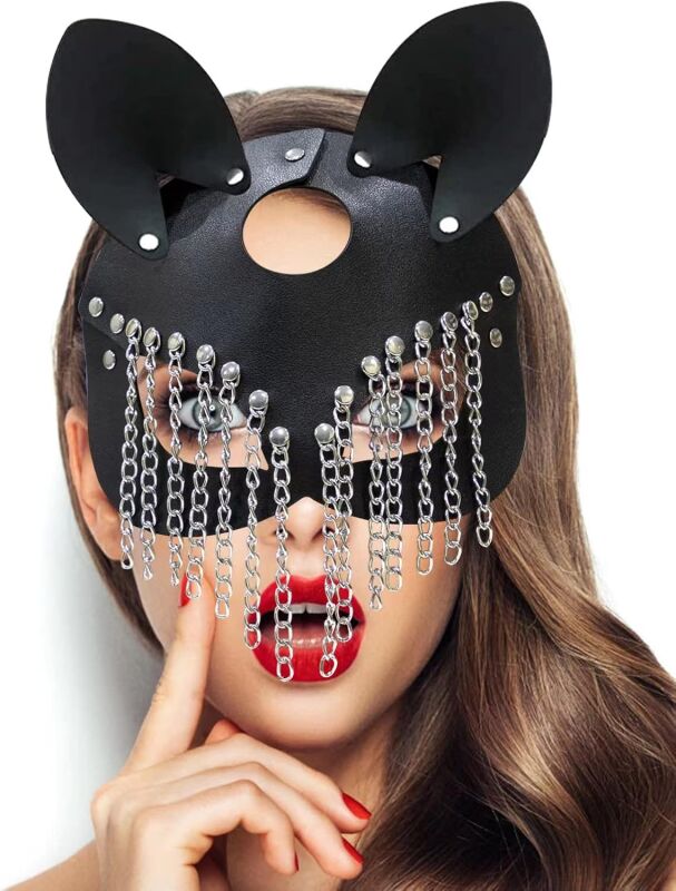 Zincir Detaylı Kedi Kulaklı Fantazi Deri Göz Maskesi - 1