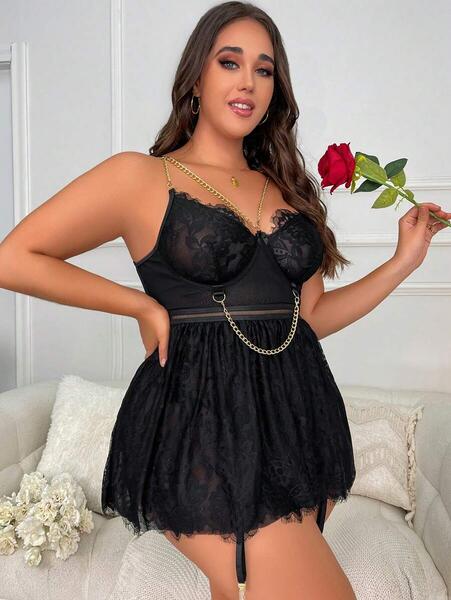 Zincir Detaylı Siyah Dantel Babydoll Gecelik