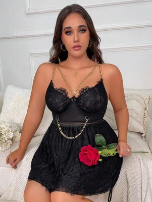 Zincir Detaylı Siyah Dantel Babydoll Gecelik - Thumbnail