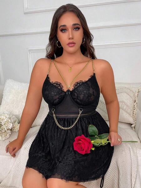 Zincir Detaylı Siyah Dantel Babydoll Gecelik