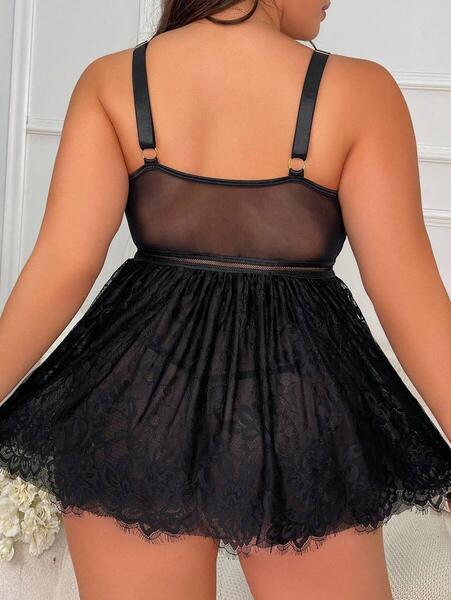 Zincir Detaylı Siyah Dantel Babydoll Gecelik